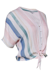 Current Boutique-Rails - White & Pastel Striped Button-Up Short Sleeve Tie Blouse Sz XS