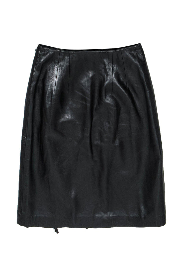 Current Boutique-Ralph Lauren - Black Leather Wrap Pencil Skirt w/ Fringe Sz 2