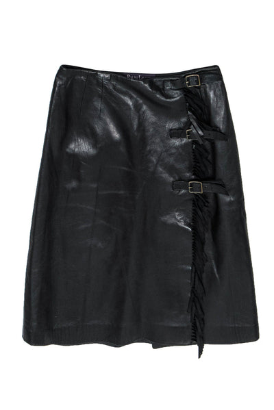 Current Boutique-Ralph Lauren - Black Leather Wrap Pencil Skirt w/ Fringe Sz 2