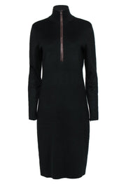 Current Boutique-Ralph Lauren - Black Quarter Zip-Up Midi Dress w/ Brown Leather Trim Sz L