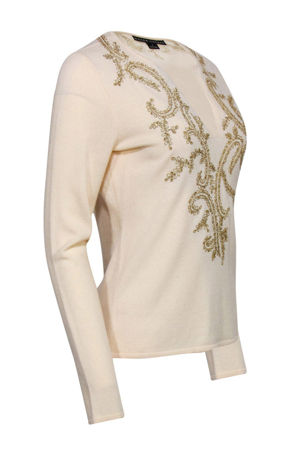 Current Boutique-Ralph Lauren - Cream Cashmere Embroidered Knit Sweater Sz L