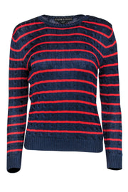 Current Boutique-Ralph Lauren - Navy & Red Striped Cable Knit Sweater Sz M
