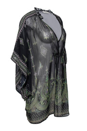 Current Boutique-Ramy Brook - Black, Purple & Green Paisley Print Sheer Kaftan Cover-Up Sz M