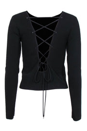 Current Boutique-Ramy Brook - Black Ribbed Long Sleeve Fitted “Lucas” Top w/ Lace-Up Back Sz L