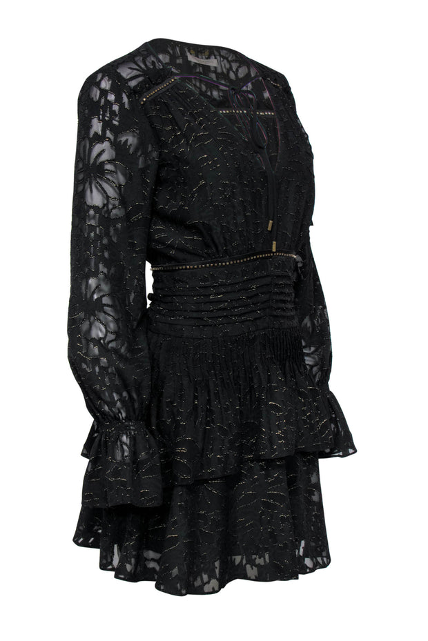 Current Boutique-Ramy Brook - Black Ruffle Peasant Dress w/ Golden Texture Sz 0