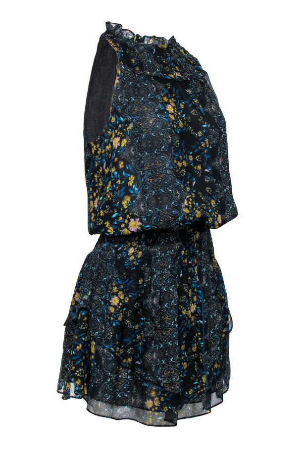 Current Boutique-Ramy Brook – Black w/ Paisley & Floral Print Ruffled Mini Dress Sz XS