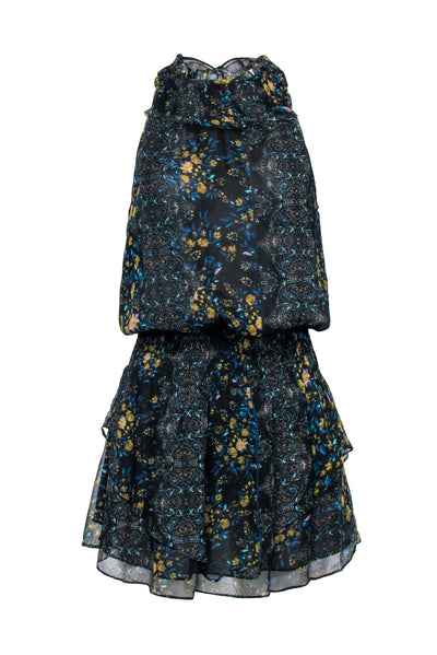 Current Boutique-Ramy Brook – Black w/ Paisley & Floral Print Ruffled Mini Dress Sz XS
