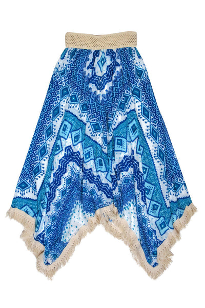 Current Boutique-Ramy Brook - Blue & White Printed Scarf Hem Maxi Skirt w/ Fringe Sz XS