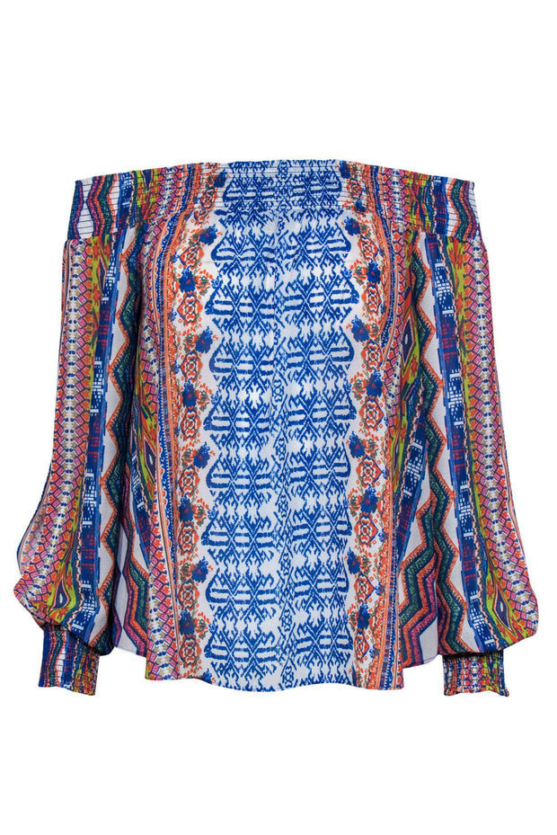 Current Boutique-Ramy Brook - Multicolored Aztec Print Long Sleeve Off-the-Shoulder Blouse Sz XS/S