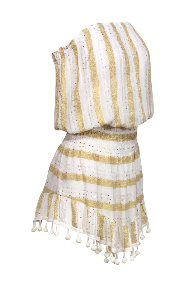 Current Boutique-Ramy Brook - White & Gold Sparkly Striped Strapless Dress w/ Pom-Pom Trim Sz XS