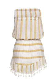 Current Boutique-Ramy Brook - White & Gold Sparkly Striped Strapless Dress w/ Pom-Pom Trim Sz XS