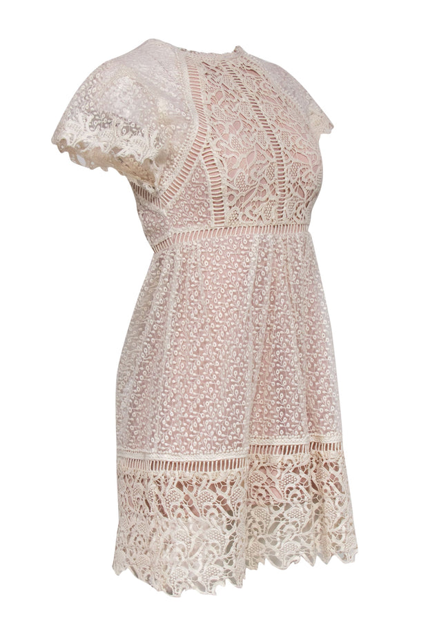 Current Boutique-Ranna Gill - Beige Floral Embroidered & Lace Short Sleeve Dress Sz 00P