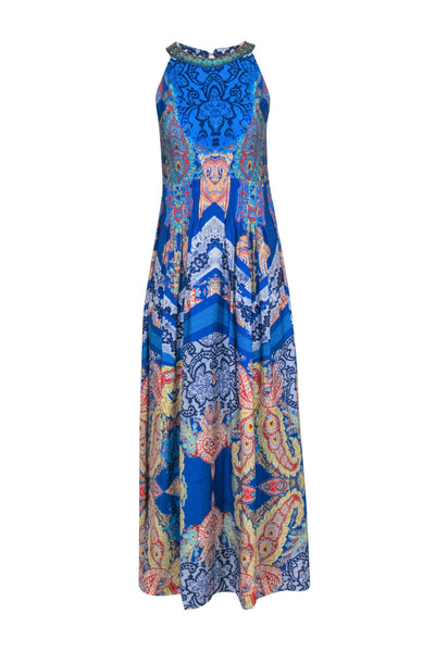 Current Boutique-Ranna Gill - Blue Multicolor Paisley Print Maxi Dress w/ Embellished Neckline Sz 0