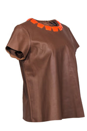 Current Boutique-Raoul - Brown Leather Short Sleeve Top w/ Orange Gem Collar Sz XL