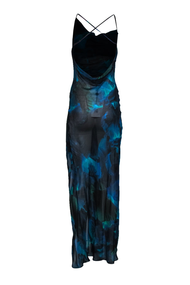 Current Boutique-Rat & Boa - Blue, Black & Green Sheer Maxi Dress w/ High Side Slits Sz XS