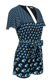 Current Boutique-Rebecca Minkoff - Black & Blue Floral Print Belted Romper w/ Back Cutout Sz 2