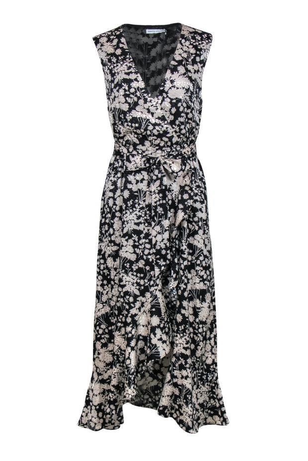Current Boutique-Rebecca Minkoff - Black & Cream Floral Ruffled Faux Wrap "Assia" Maxi Dress Sz M