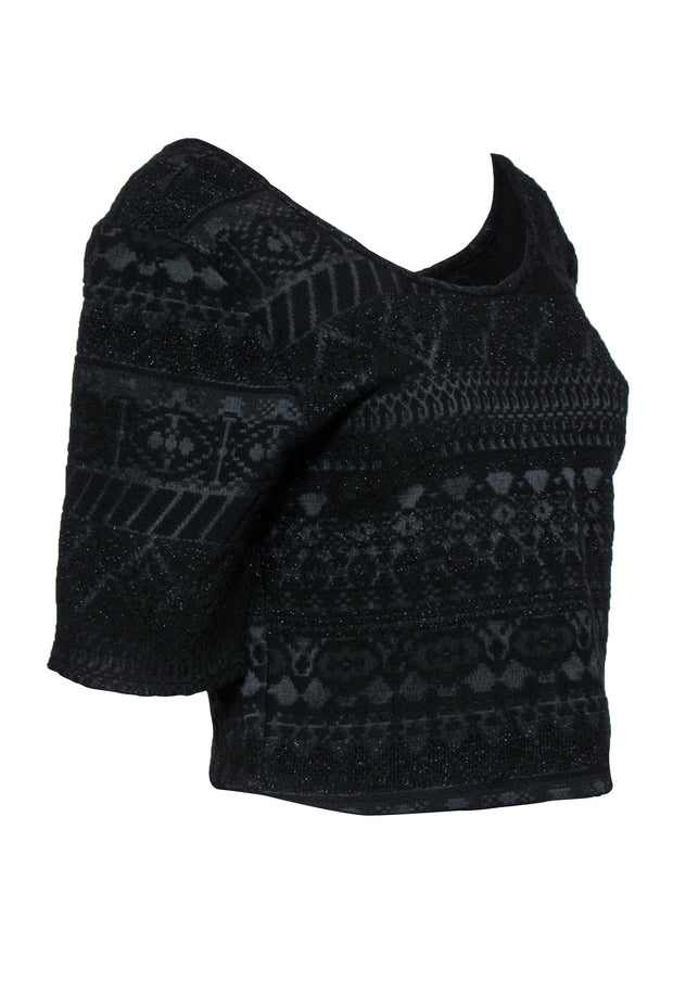 Current Boutique-Rebecca Minkoff - Black Sparkly Aztec Textured Cropped "James" Top Sz L