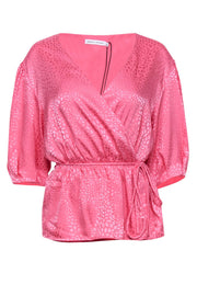 Current Boutique-Rebecca Minkoff - Bubblegum Pink Jacquard Puff Sleeve Wrap Blouse Sz L
