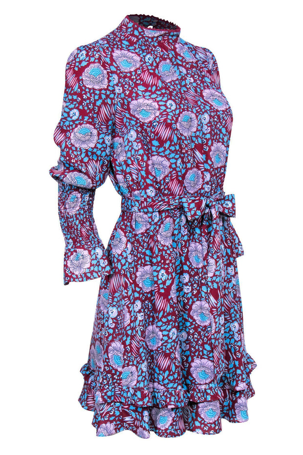 Current Boutique-Rebecca Minkoff - Burgundy Floral Silky Gathered Waist Dress Sz XS