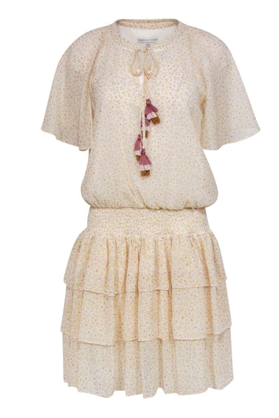 Current Boutique-Rebecca Minkoff - Cream Floral Print Smocked Waist Dress w/ Tassels Sz S