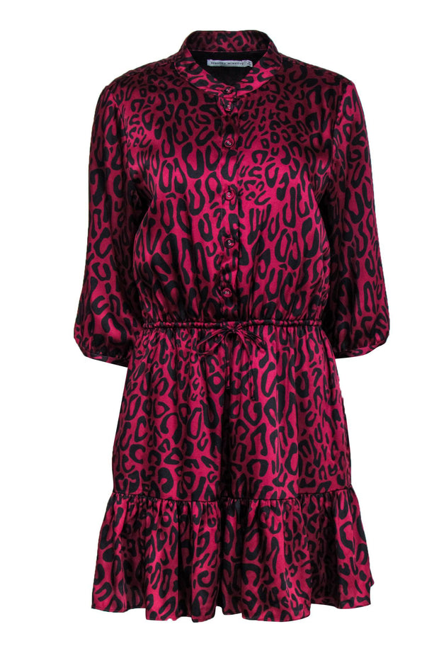 Current Boutique-Rebecca Minkoff - Dark Fuchsia & Black Leopard Print Satin Dress w/ Flounce Hem Sz M