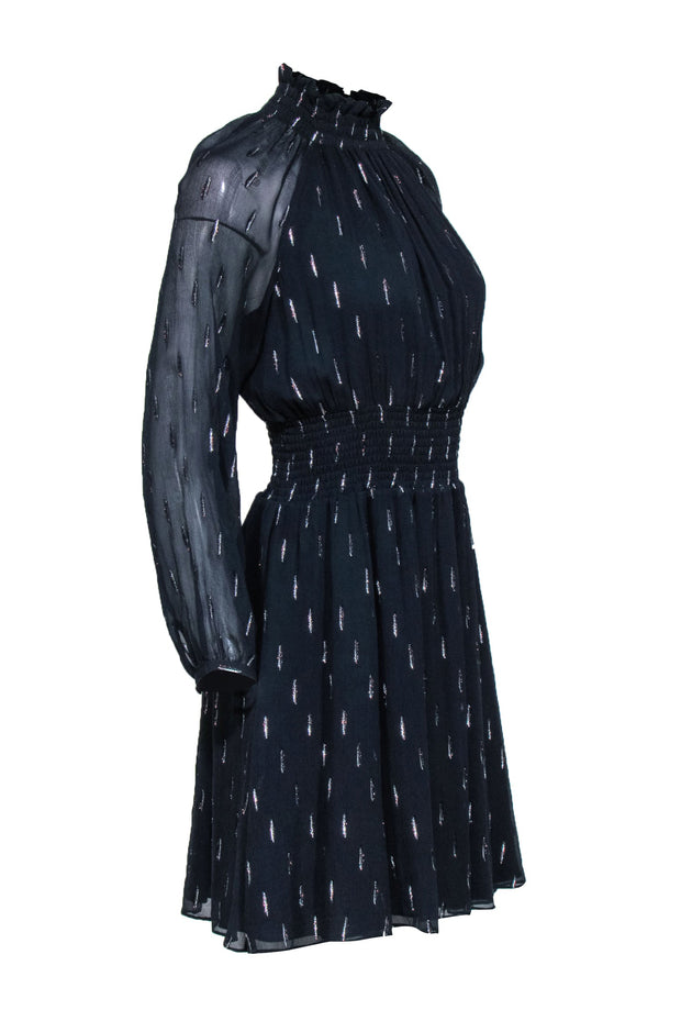 Current Boutique-Rebecca Minkoff - Navy Gathered Mock Neck Dress w/ Metallic Pattern Sz 4