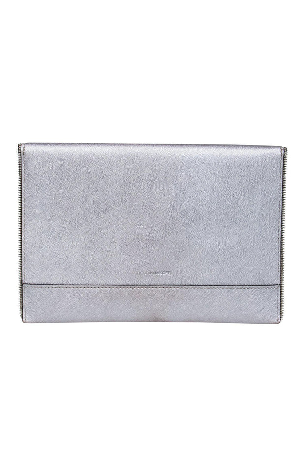 Current Boutique-Rebecca Minkoff - Silver Envelope-Style Leather Clutch w/ Zipper Trim