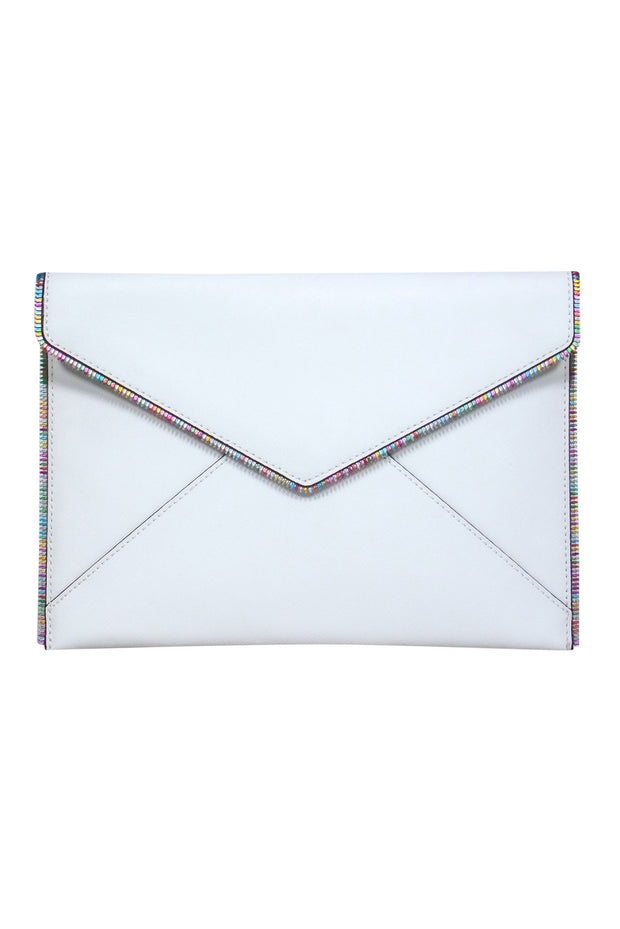 Current Boutique-Rebecca Minkoff - White Textured Leather "Leo" Envelope Clutch w/ Rainbow Zipper Trim