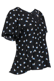 Current Boutique-Rebecca Taylor - Black & Blue Floral Flutter Sleeve Silk Top Sz 8