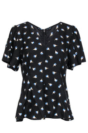 Current Boutique-Rebecca Taylor - Black & Blue Floral Flutter Sleeve Silk Top Sz 8