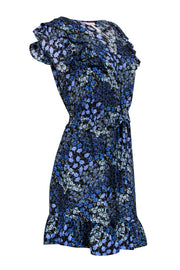 Current Boutique-Rebecca Taylor - Black & Blue Floral Print Ruffle Shift Dress w/ Tie Sz 4