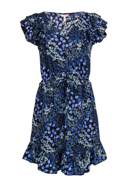 Current Boutique-Rebecca Taylor - Black & Blue Floral Print Ruffle Shift Dress w/ Tie Sz 4