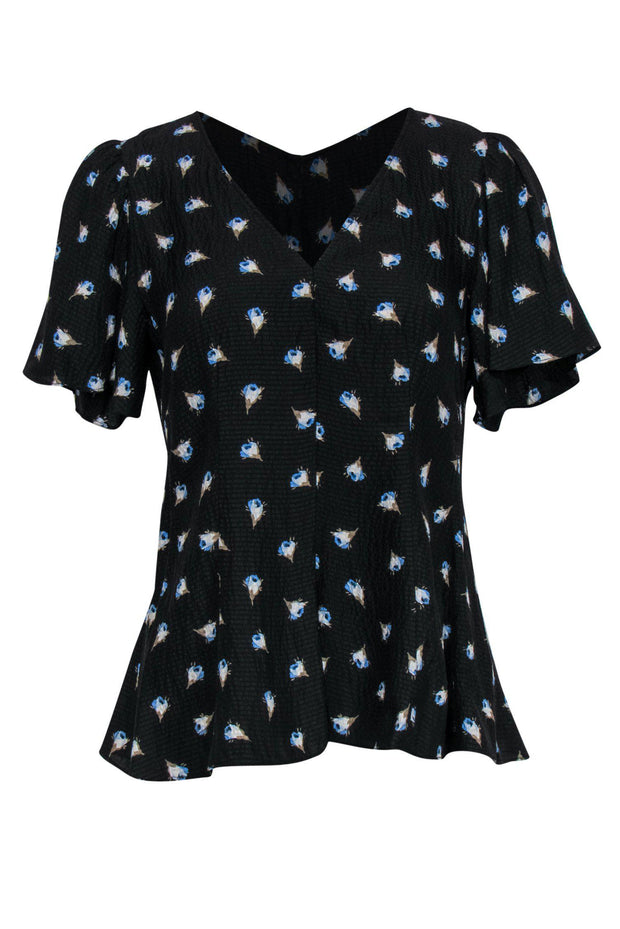 Current Boutique-Rebecca Taylor - Black & Blue Floral Print Textured Short Sleeve Silk Blouse Sz 4
