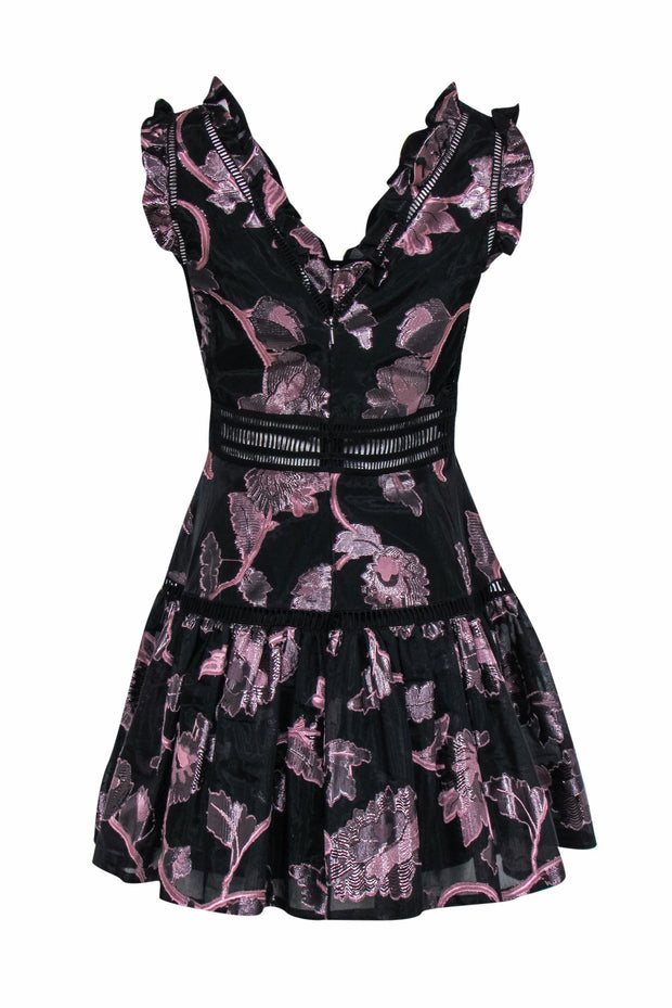 Current Boutique-Rebecca Taylor - Black & Blush Metallic Floral Fit & Flare Dress w/ Lace Cutouts Sz 8