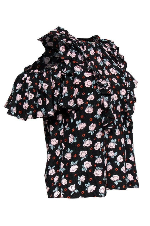 Current Boutique-Rebecca Taylor - Black Floral Print Ruffle Cold Shoulder Blouse Sz 0