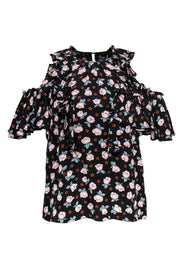Current Boutique-Rebecca Taylor - Black Floral Print Ruffle Cold Shoulder Blouse Sz 0