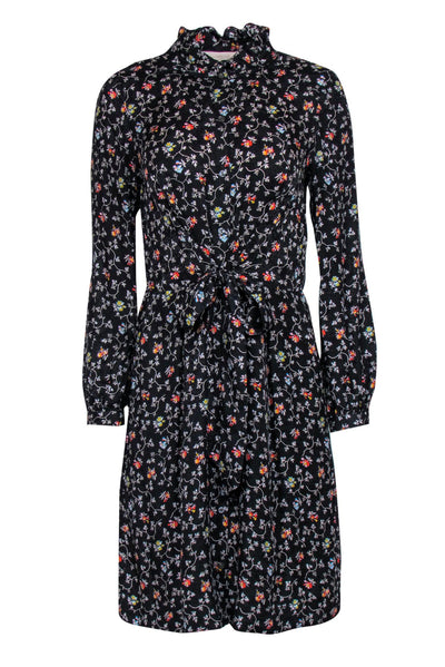 Current Boutique-Rebecca Taylor - Black & Mulitcolor Floral Print Tied Silk Shirtdress Sz 6