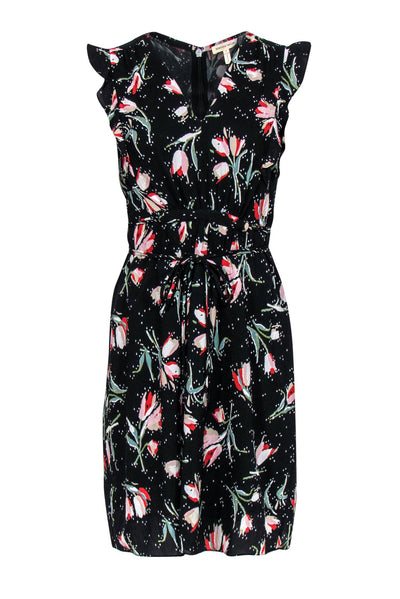 Current Boutique-Rebecca Taylor - Black & Multicolor Floral Print Ruffled A-Line Dress Sz 4