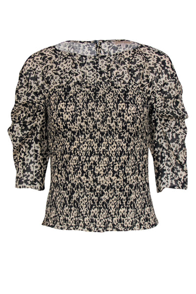 Current Boutique-Rebecca Taylor - Black & Nude Print Blouse w/ Smocked Detail Sz XS