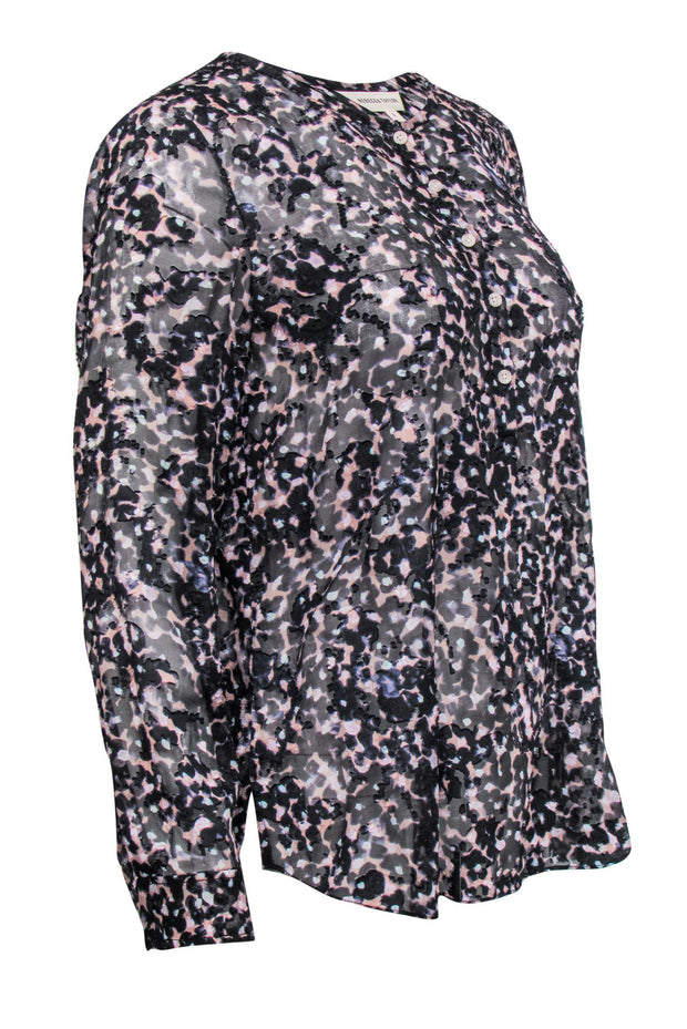 Current Boutique-Rebecca Taylor - Black & Pink Floral Print Long Sleeve Blouse Sz 6