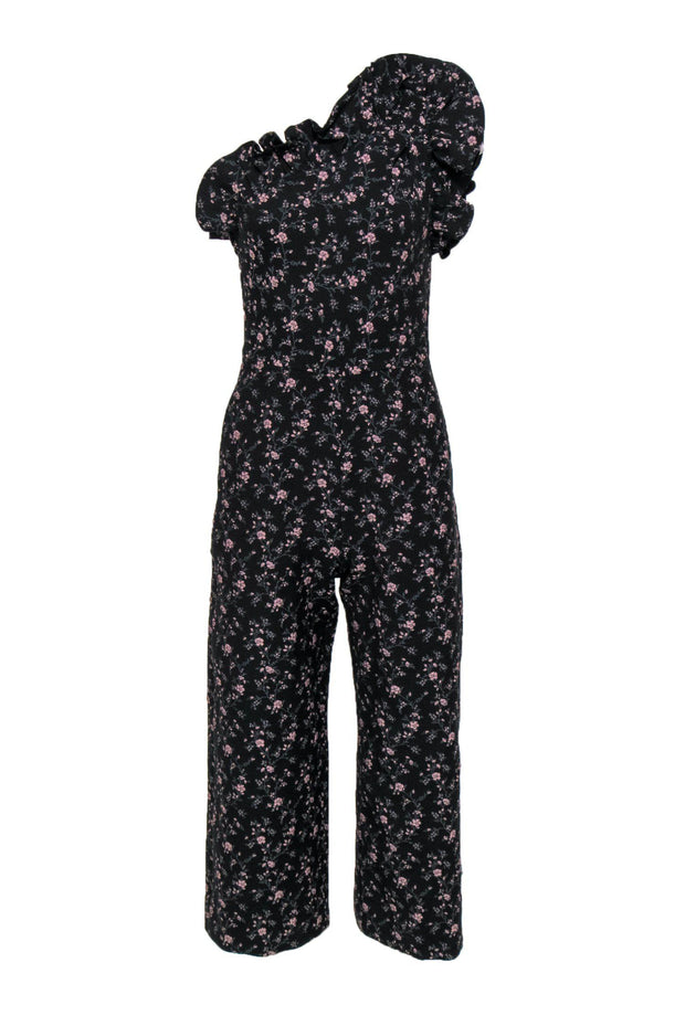 Current Boutique-Rebecca Taylor - Black & Pink Floral Print One-Shoulder Jumpsuit Sz 4