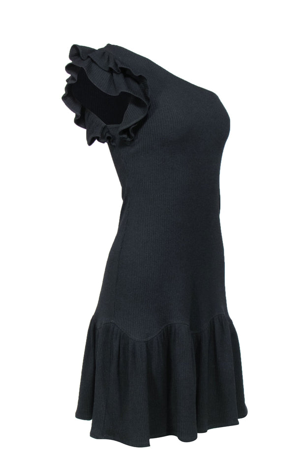 Current Boutique-Rebecca Taylor - Black Ribbed Knit One-Shoulder Bodycon Dress w/ Ruffles Sz XS