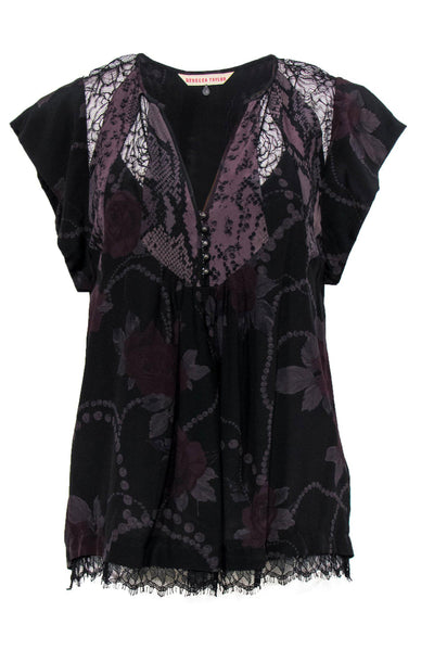 Current Boutique-Rebecca Taylor - Black Rose & Snakeskin Printed Silk Blouse Sz 4