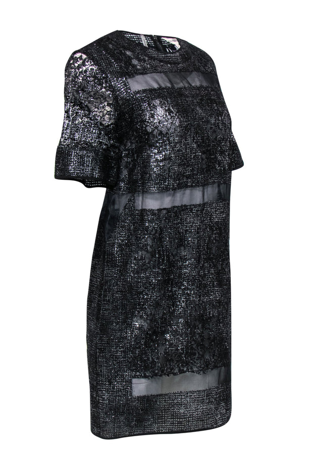 Current Boutique-Rebecca Taylor - Black & Silver Metallic Lace Shift Dress Sz 4