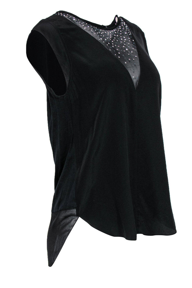 Current Boutique-Rebecca Taylor - Black Sleeveless Silk Blouse w/ Sheer Jeweled Neckline Sz 6