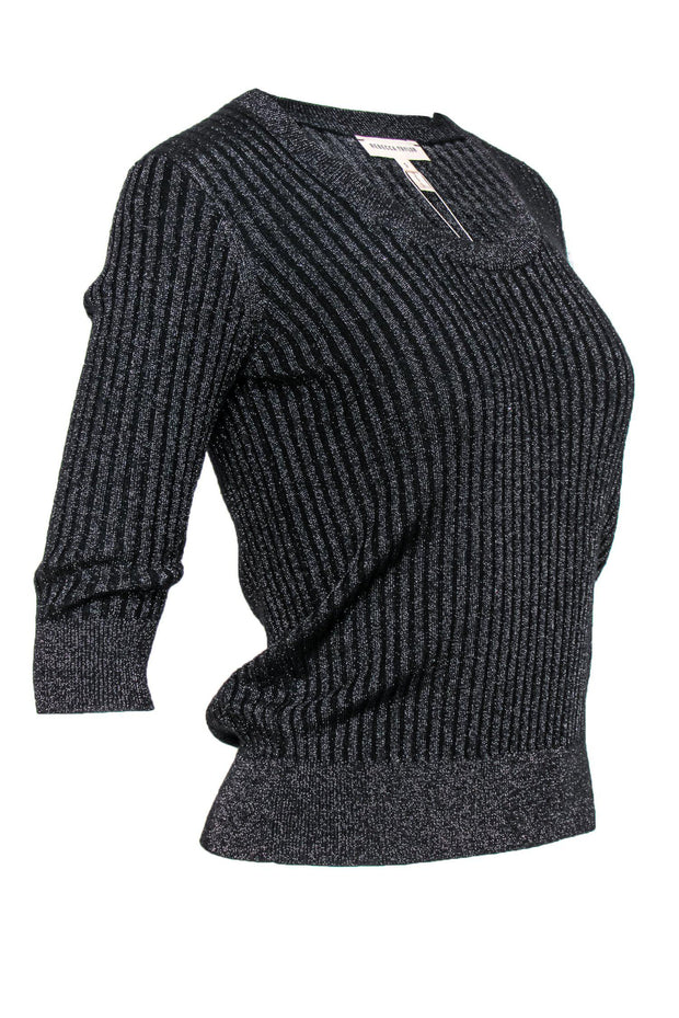 Current Boutique-Rebecca Taylor - Black Sparkly Ribbed Sweater w/ Cropped Sleeves Sz S