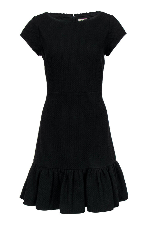 Current Boutique-Rebecca Taylor - Black Textured Cap Sleeve Fit & Flare Dress w/ Flounce Hem Sz 8