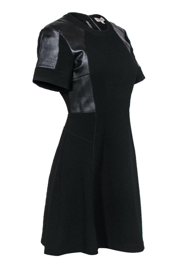 Current Boutique-Rebecca Taylor - Black Textured Flared Dress w/ Leather Paneling Sz 4