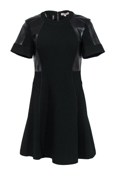 Current Boutique-Rebecca Taylor - Black Textured Flared Dress w/ Leather Paneling Sz 4